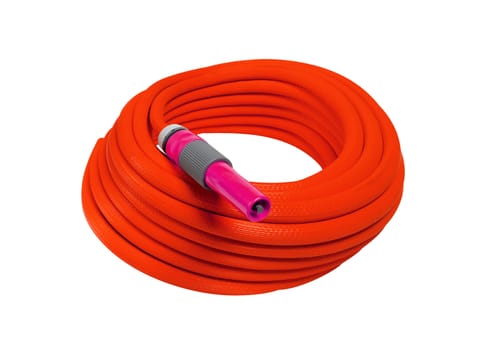 red garden hose with nozzle on white