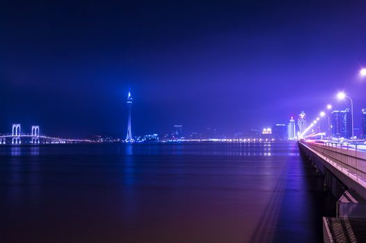 Macau Tower and two bridges. View from the Taipa.