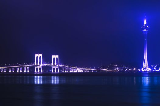 Macau Tower and Sai Van Bridge. View from the Taipa.