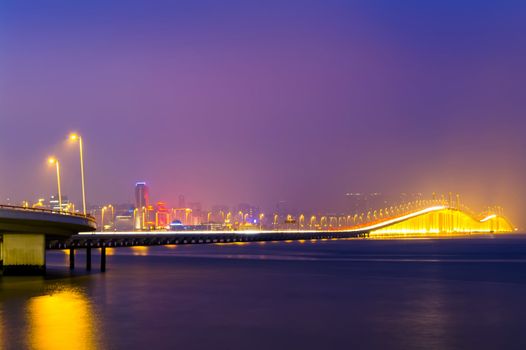 Friendship Bridge at Night. Macau. View from the Taipa.