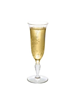 A glass of champagne, isolated on a white background.