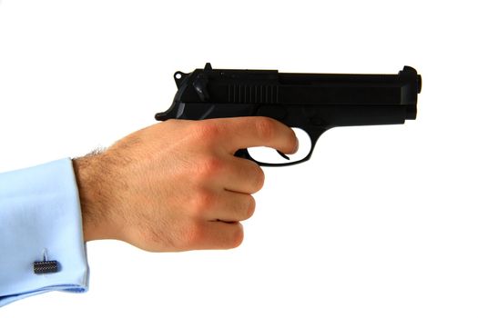 business man holding pistol on isolated white background