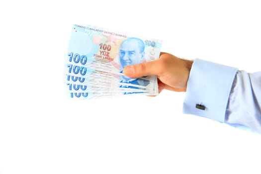 business man holding hundred turkish lira