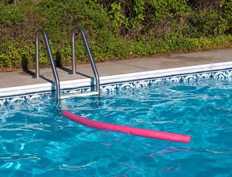 Blue Swimming Pool. Ladder, and Pink Pool Toy in Full Sunlight