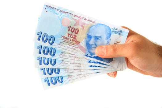 business man holding hundred turkish lira