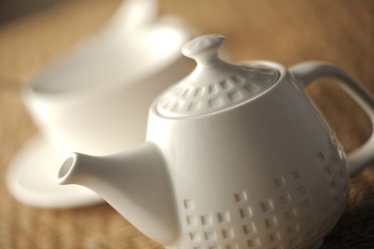 teapot on table, close up, shallow dof