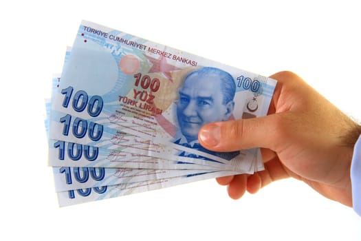 business man holding hundred turkish lira