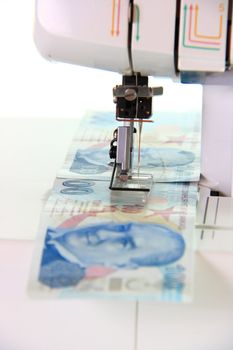 sewing machine sewing money turkish lira on white background