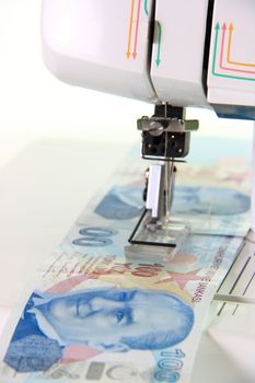 sewing machine sewing money turkish lira on white background