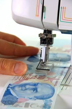 sewing machine sewing money turkish lira on white background