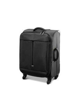 Modern convenient suitcase on castors on a white background