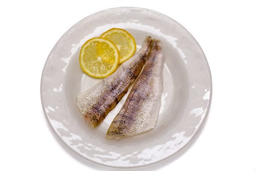 Raw fish filets with lemon slices in white plate