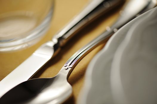 Elegant close up of a restaurant table, with a soft light