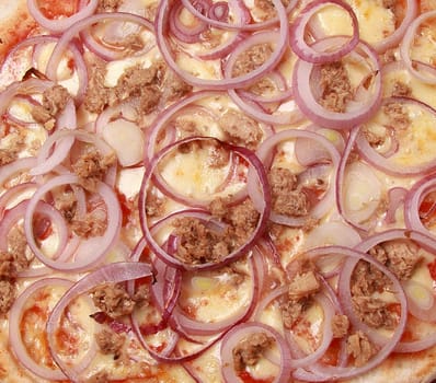 An onion pizza background, close up .