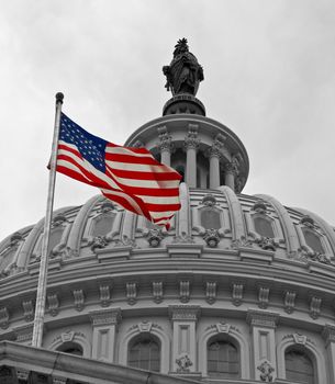 United States Capitol Building in Washington DC in Black & White and American Flag in Color