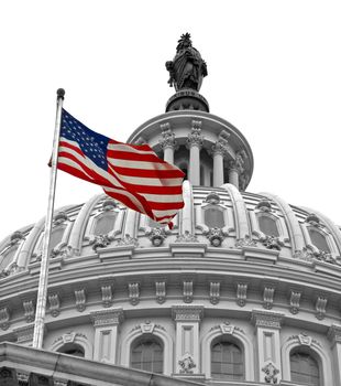 United States Capitol Building in Washington DC in Black & White and American Flag in Color