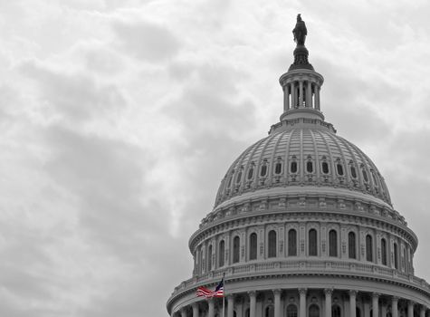 United States Capitol Building in Washington DC in Black & White and American Flag in Color