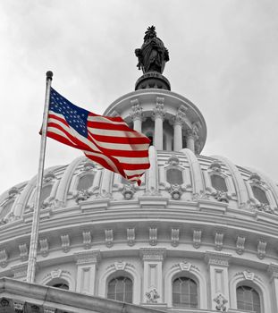 United States Capitol Building in Washington DC in Black & White and American Flag in Color