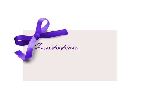 close up of card note with purple ribbon on white
