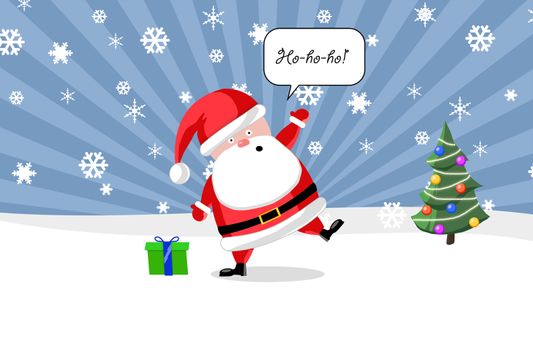 Santa ouside with a present and Christmas tree
