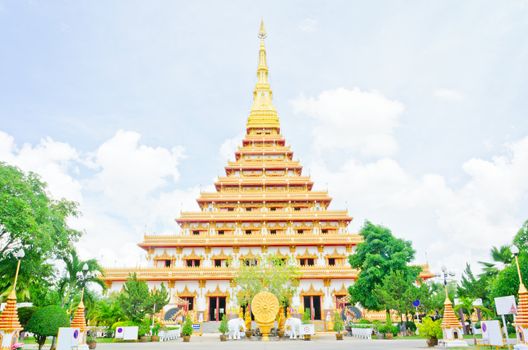 Golden pagoda at the Thai temple,
Buddha church at the Thai temple style