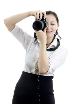 young brunette girl with photocamera isolated on white