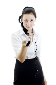 Woman holding remote control isolated on white background