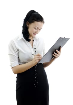 Business woman with folder isolated on white background