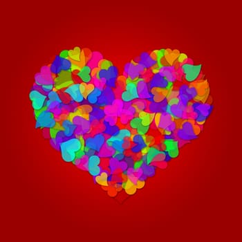 Colorful Hearts Forming Big Valentines Day Heart Shape Design Illustration on Red Background