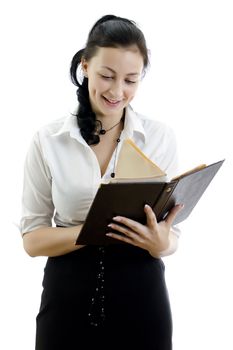 Business woman with folder isolated on white background