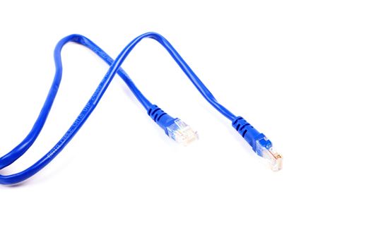 Blue UTP network cable isolated on white background. Studio shot.