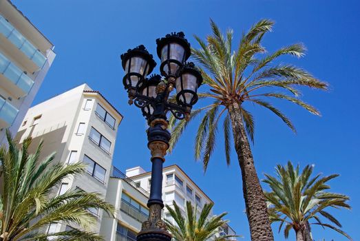 Street light and palms with luxury apartments building in background. Lloret de Mar, Spain.