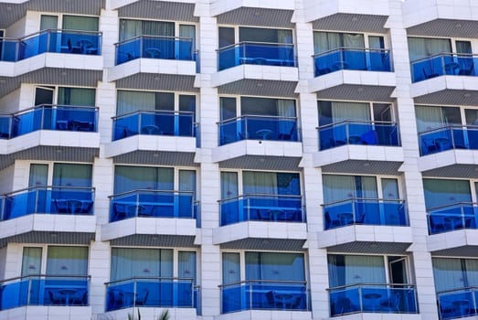 Abstract building with balcony as backdrop or background.