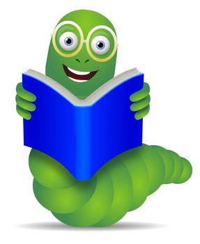 Bookworm reading a blue book over a white background
