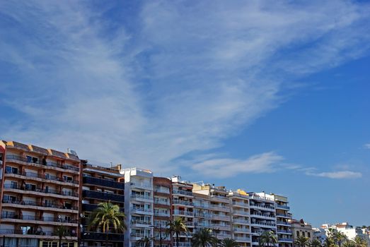 Cityscape of Lloret de Mar, Spain. Hotel and residence buildings by the sea.