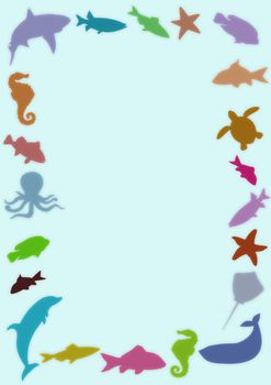 Illustrated frame made of colourful marine animals