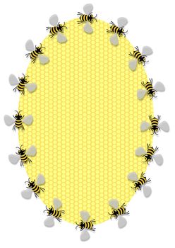 Illustration of a oval honeycomb frame surrounded by bees