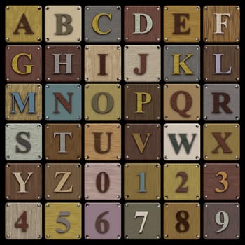 Illustration of alphabet and numbers on wooden tiles with screws at the edges