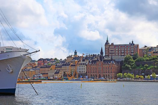 Ship and cityscape of Stockholm.
