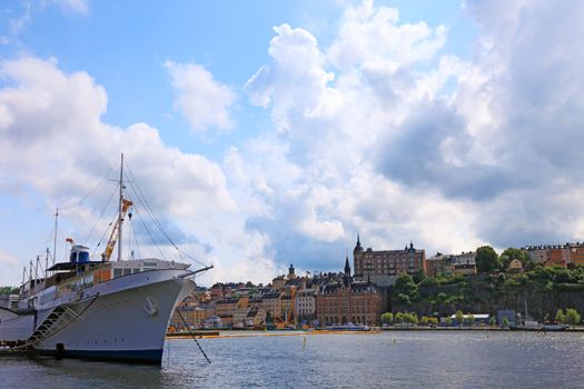 Ship and cityscape of Stockholm.