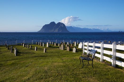 Scenic graveyard on coast of Lofoten islands in Norway