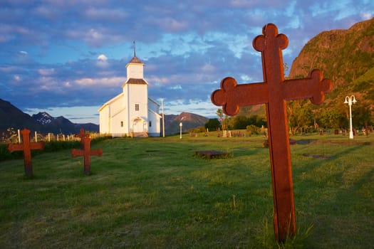 Picturesque churchyard on scenic Lofoten island in Norway