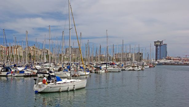 Yachts and sail boats in Barcelona harbour.