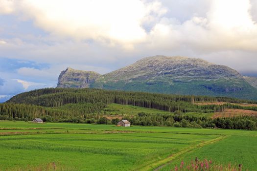 Small farm houses in valley. Landscapes of Norway.