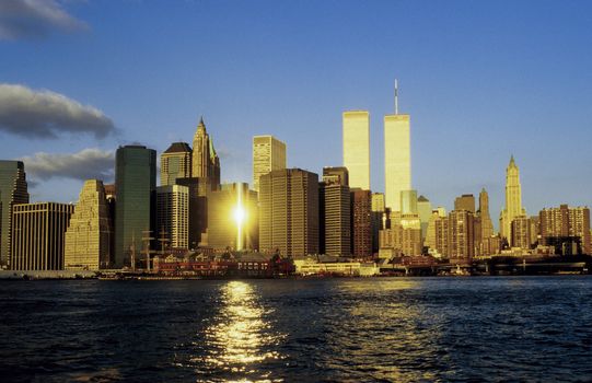 twin towers in New York in sunset