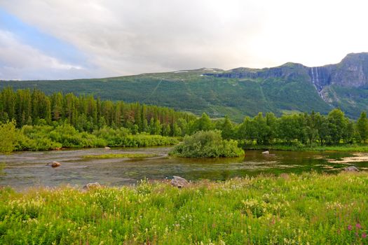 Waterfalls and river in Norway, between Oslo and Bergen. Scandinavian landscapes.