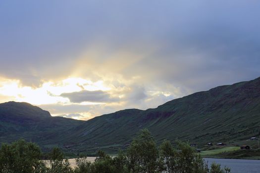 Sunset in mountains. Landscapes of Norway, scandinavian Europe.