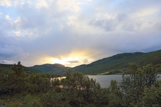 Sunset in mountains. Landscapes of Norway, scandinavian Europe.