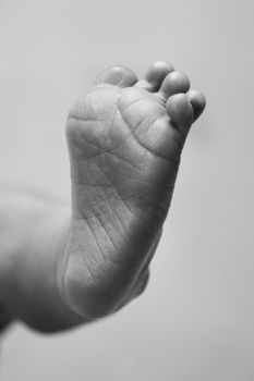 Cute baby infant wrinkled foot sole with toes in black and white, grayscale.