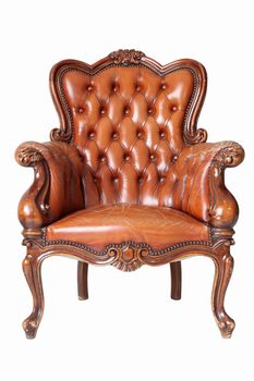 isolated Armchair brown genuine leather classical style sofa with clipping path